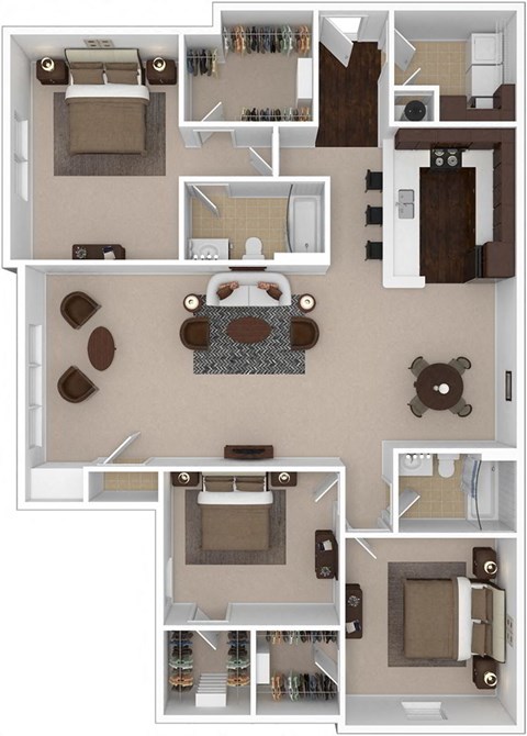 Emerald 3-bedroom/2-bathroom 3D floor plan layout with 1,590 square feet at Riverstone apartments for rent in Macon, GA